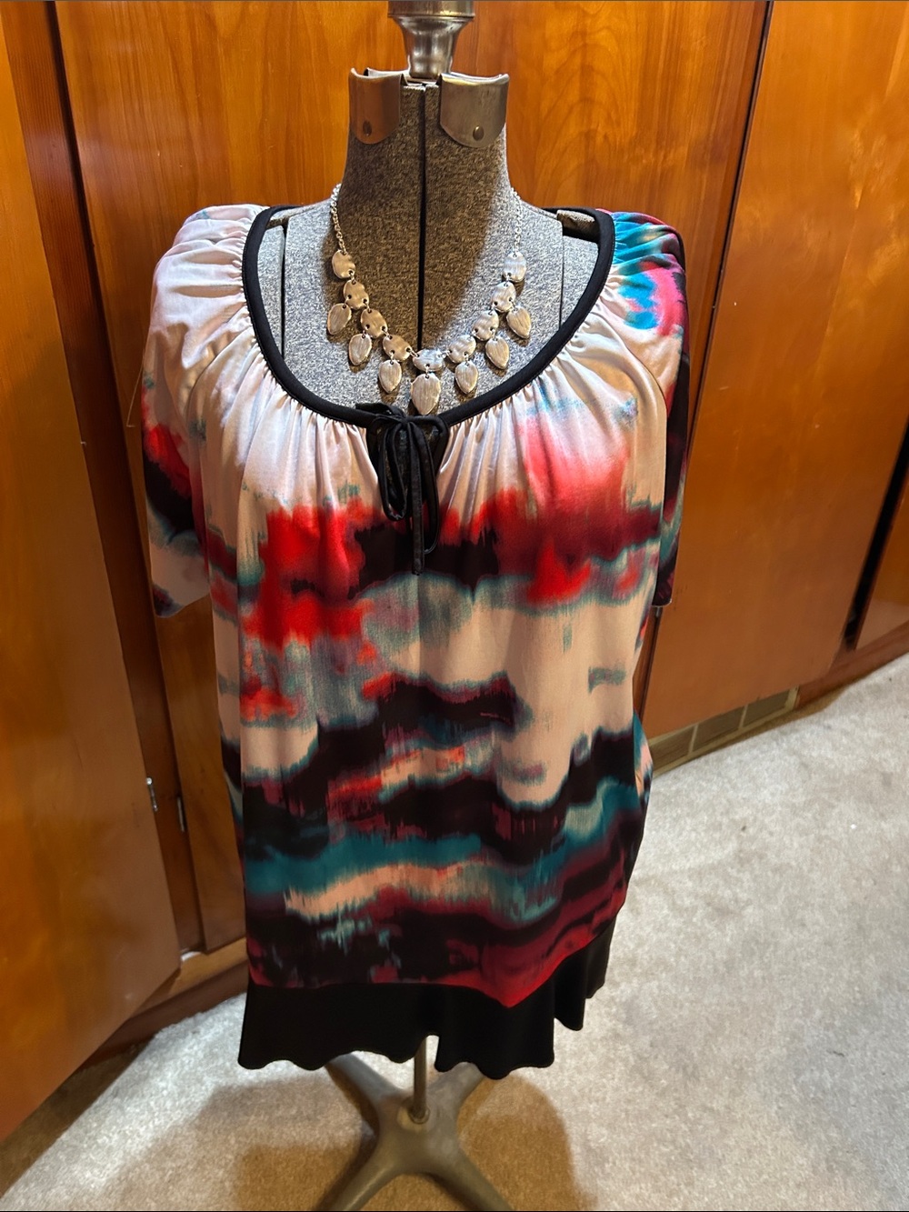 Nicole Watercolor Tie-Neck Tunic in Red, Teal & Black